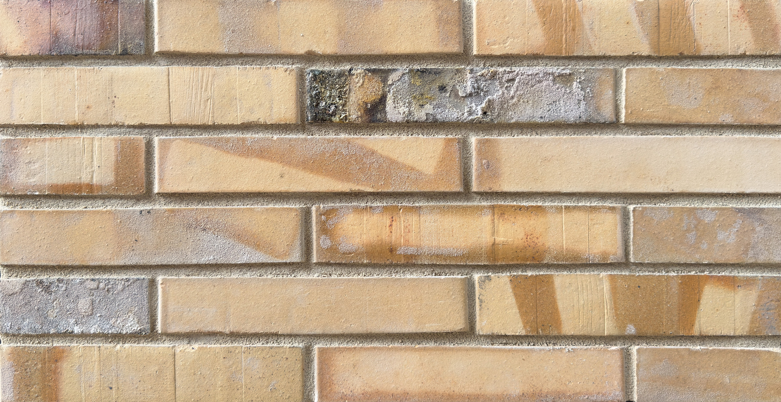 STP-GR-601-Mustertafel-IMG_7752_web Mustertafel mit 6 Reihen gelbfarbenen Klinkern, teilweise mit dunklen Stellen von Kohleaufbrennungen